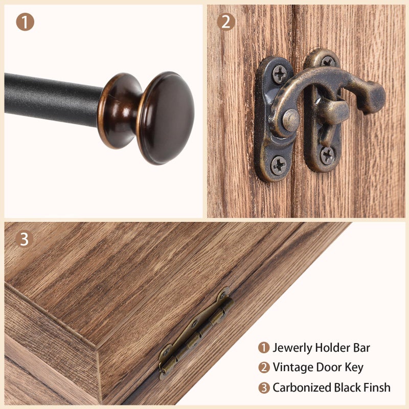 Keebofly Wall Mounted Jewelry Organizer Box Rustic Wood Large Space Jewelry Cabinet Holder Jewelry Storage Box for Necklaces, Earrings, Bracelets, Ring Holder, and Accessories (Carbonized Black) - Image 3